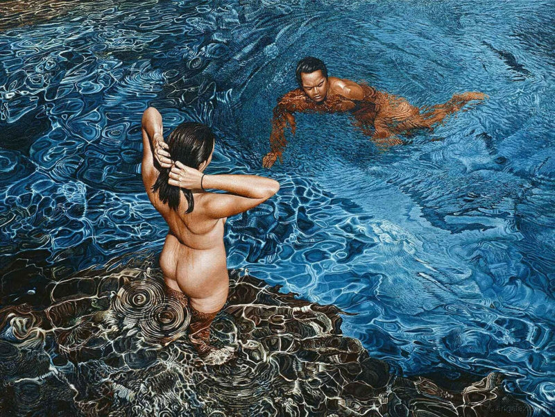 Painting of 2 nude people swimming