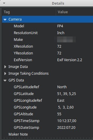 EXIF data including GPS coordinates