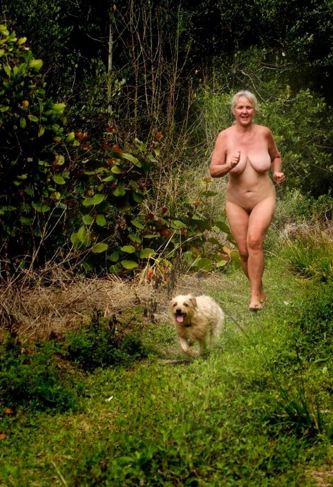 Sunday Nudist jogging with her dog