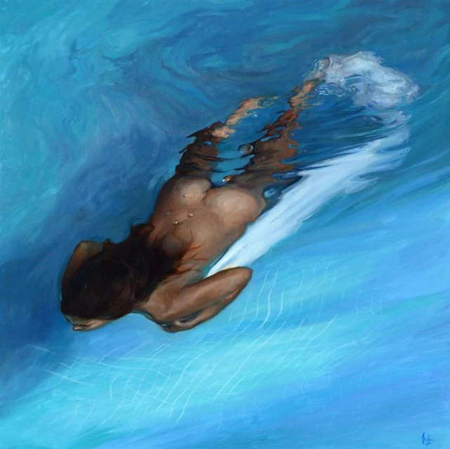 Painting of a nude swimmer