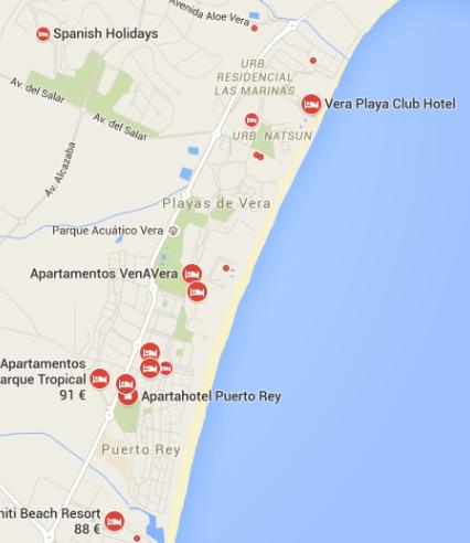 Map of vera playa's coastline
