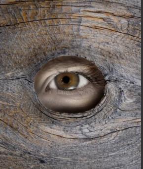 Eye of a man looking through a hole in a wooden board.