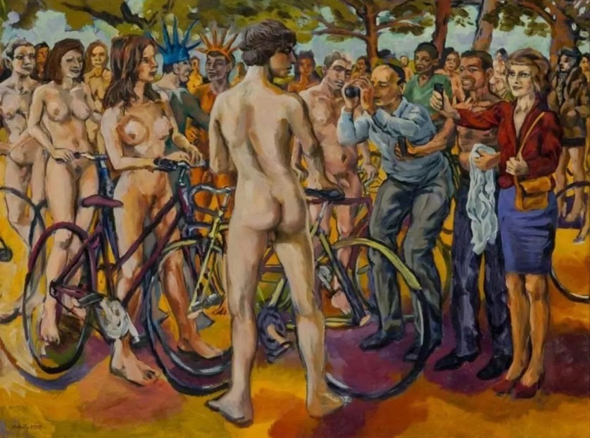A painting of some nude figures, both men and women, getting ready to go on a WNBR (World Naked Bike Ride). A crowd of people are gawking and taking photos of the nude riders.
