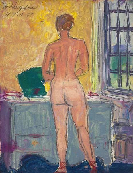 A painting of a nude man in a room, seen from the back