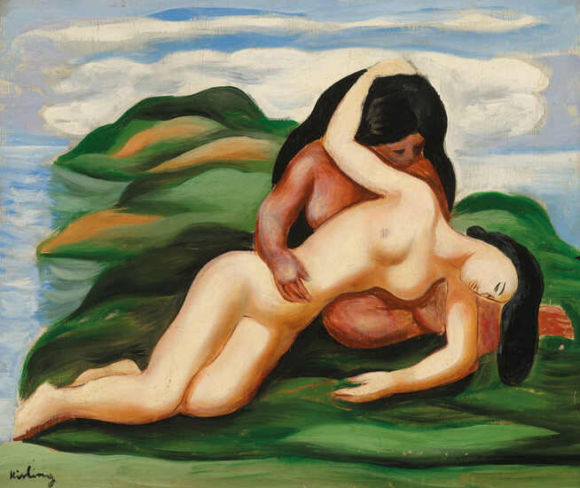 2 nude woman, 1 black, 1 white, in a painting