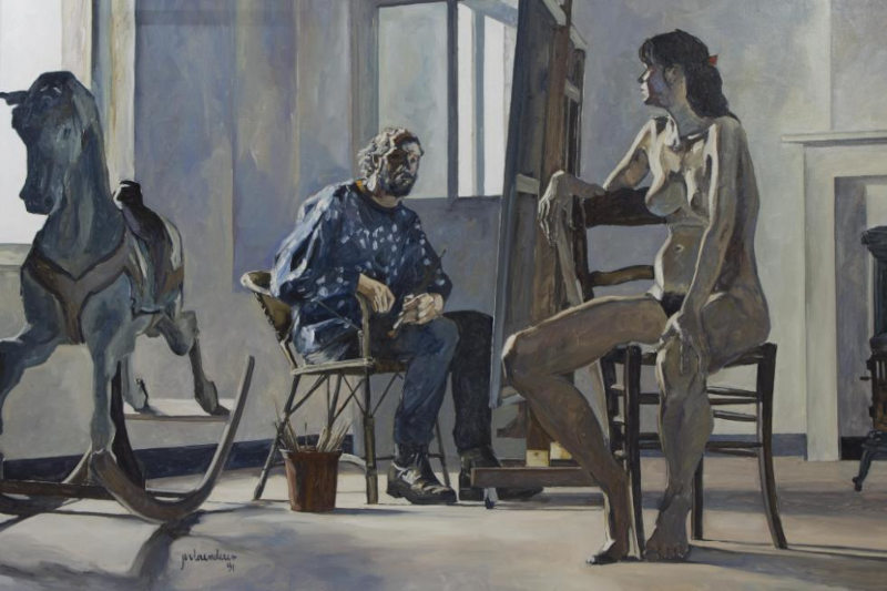 Painter with a nude female model, as a painting