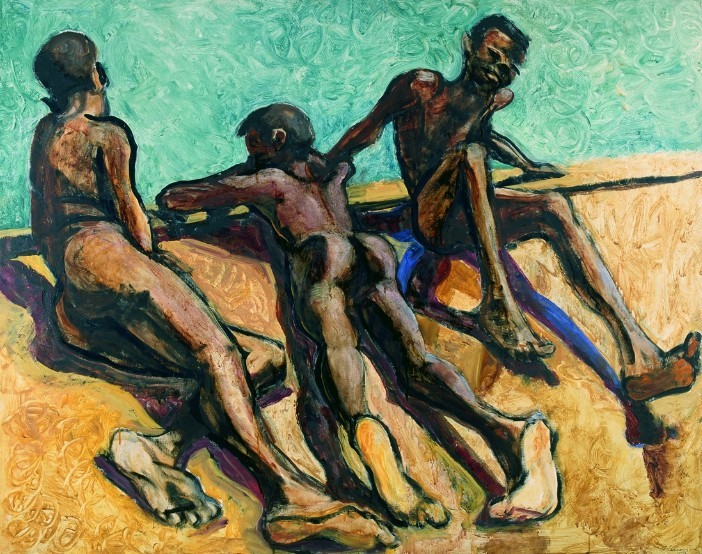 Painting of 3 nude black men lying in the sun