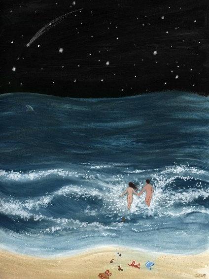 Painting of 2 people skinny dipping under a night sky