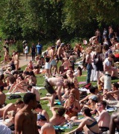 A bunch of people on a large lawn