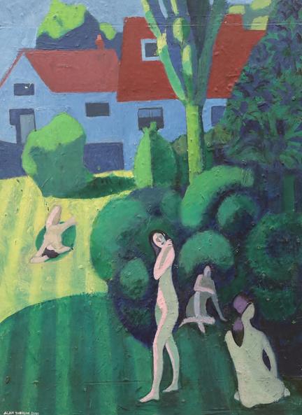 Stylised painting of people sunbathing in a garden