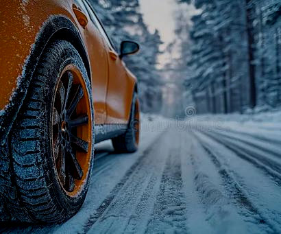 Car parked on a snowy road.