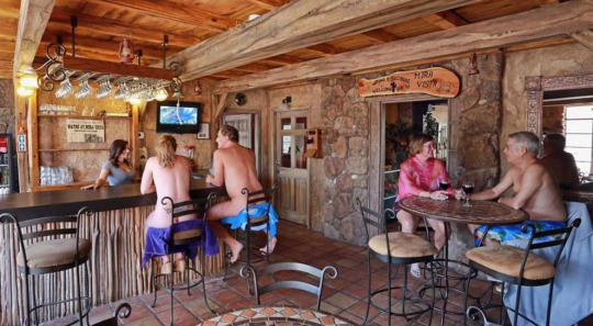 Nude people sitting at a bar and a table, enjoying a drink and a chat.